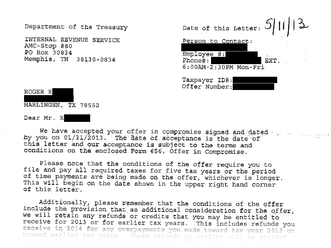 Roger IRS Settlement Letter