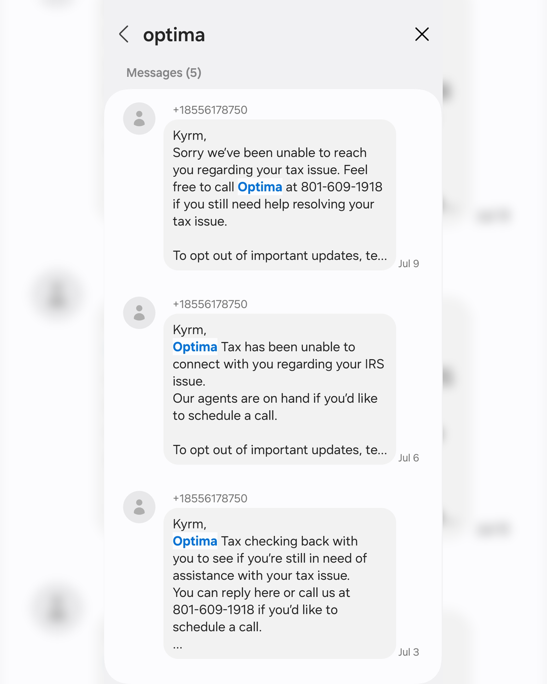 text-scam-alert-0725 Text Message Impersonating Optima Tax Relief