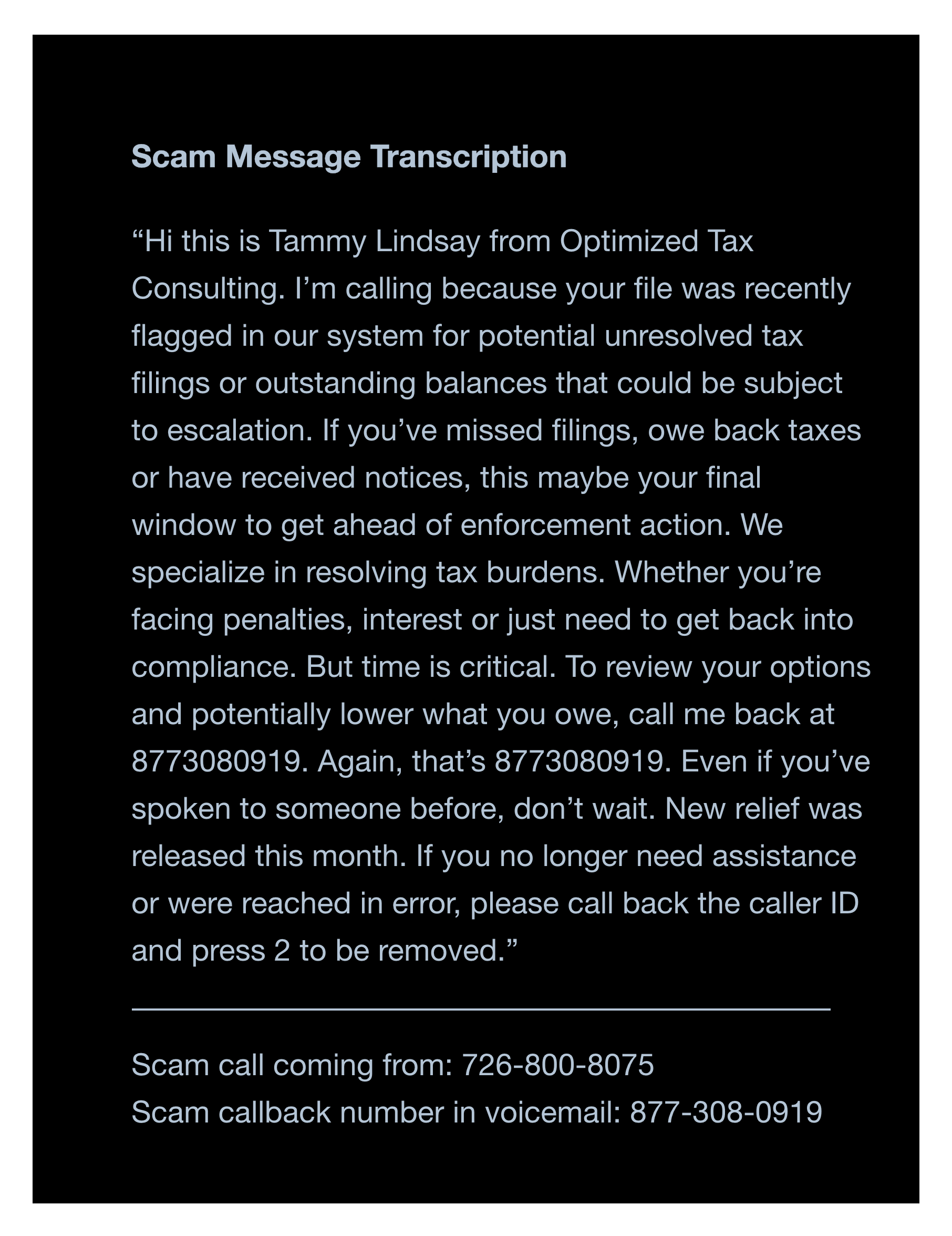 July 2025 Scam Caller pretending to be Optima Tax Relief Agent Message Transcript